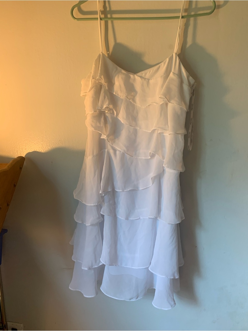 Calvin Klein White Tiered Ruffle Spaghetti Strap Mini Dress